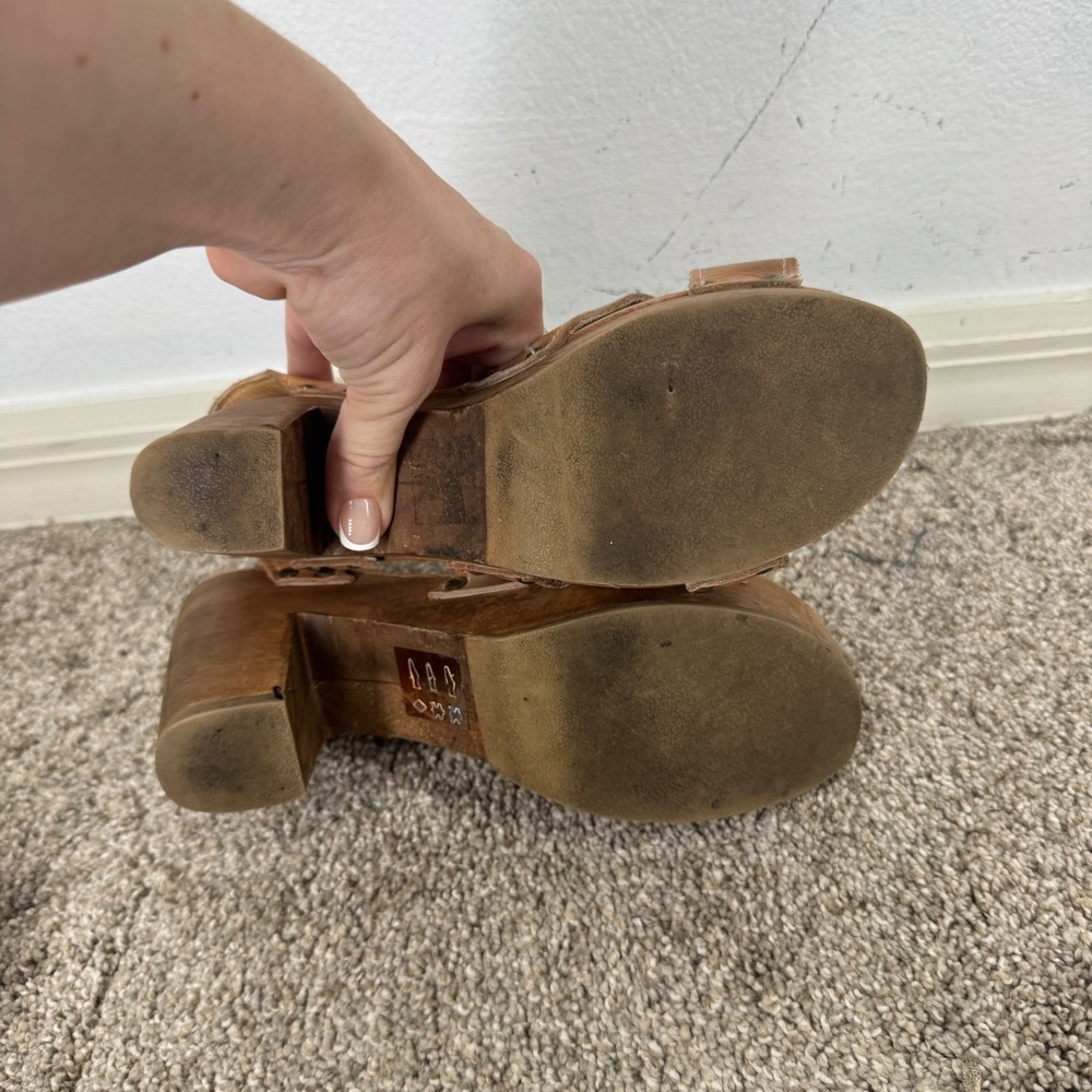 Bed Stu Kalah Tan Leather Platform Sandals Wooden Chunky Heel Clog Pump 7.5 Boho - Picture 7 of 8